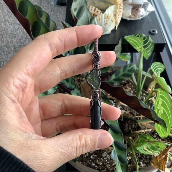 Moldavite Black Tourmaline Pendant Copper